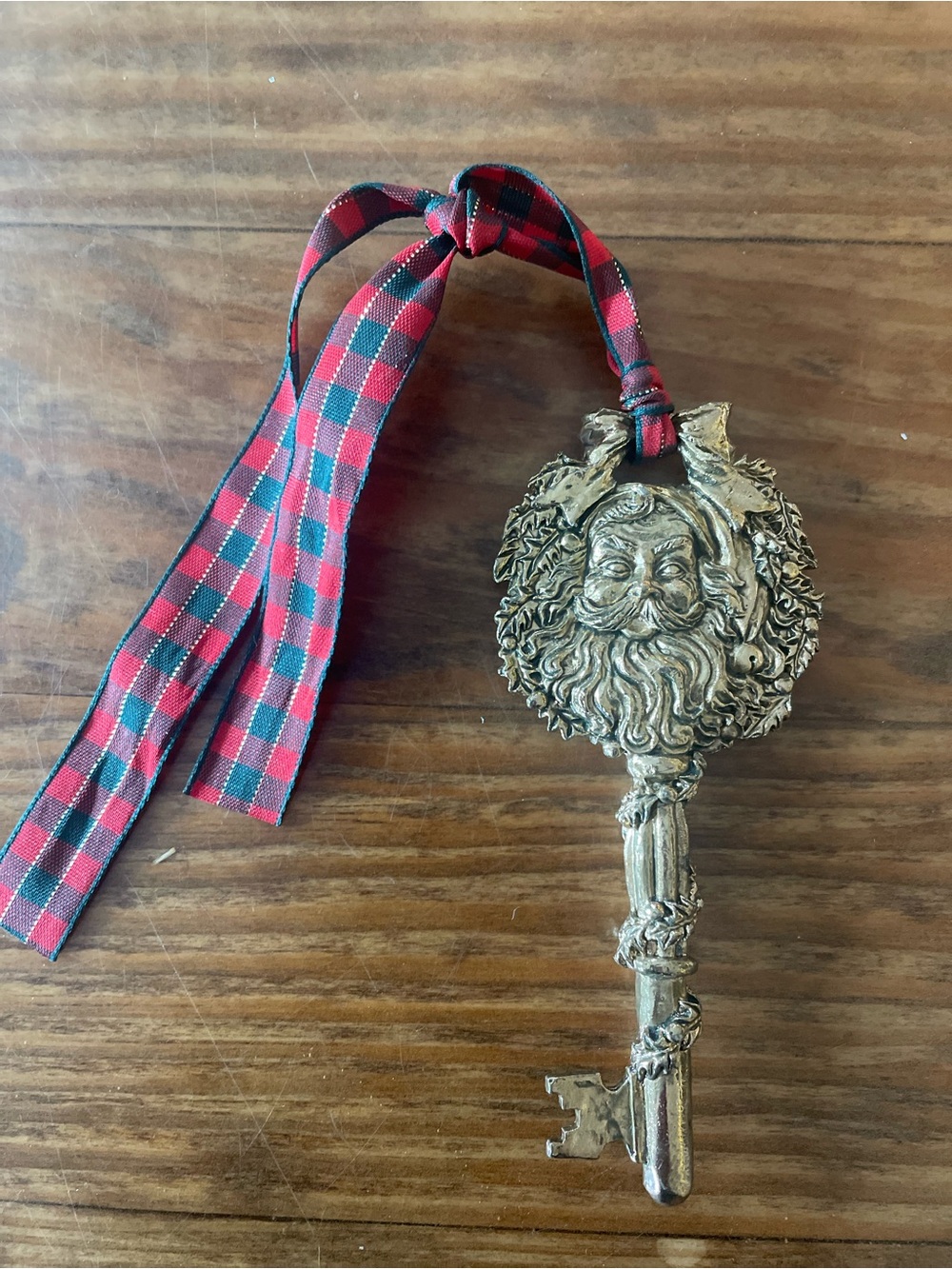 Vintage Christmas Metal Santa Key Ornament with Red Plaid Ribbon kids holiday